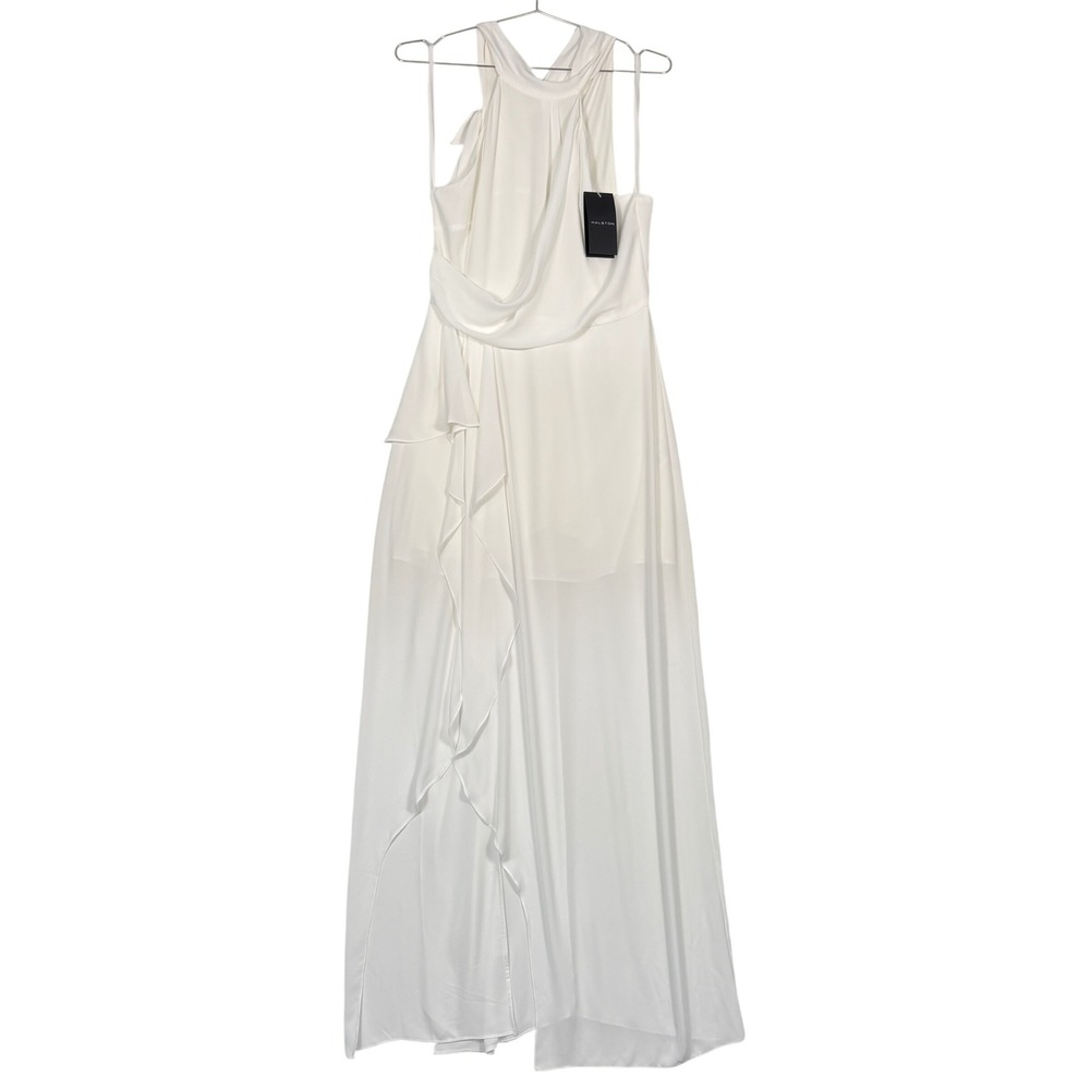 NWT Halston Women Gown 8 Chalk Meghan Mock Neck Ruffle Maxi Dress SGE162195